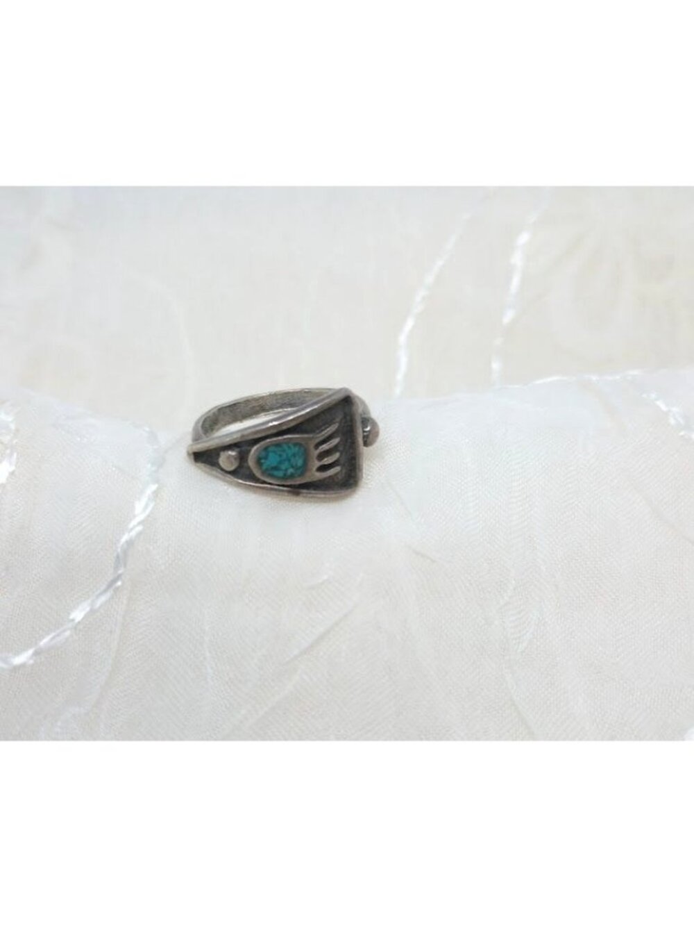 Vintage Sterling Silver Native Navajo Bear Claw Ring Turquoise Stone - Size 6.25 - Picture 3 of 6